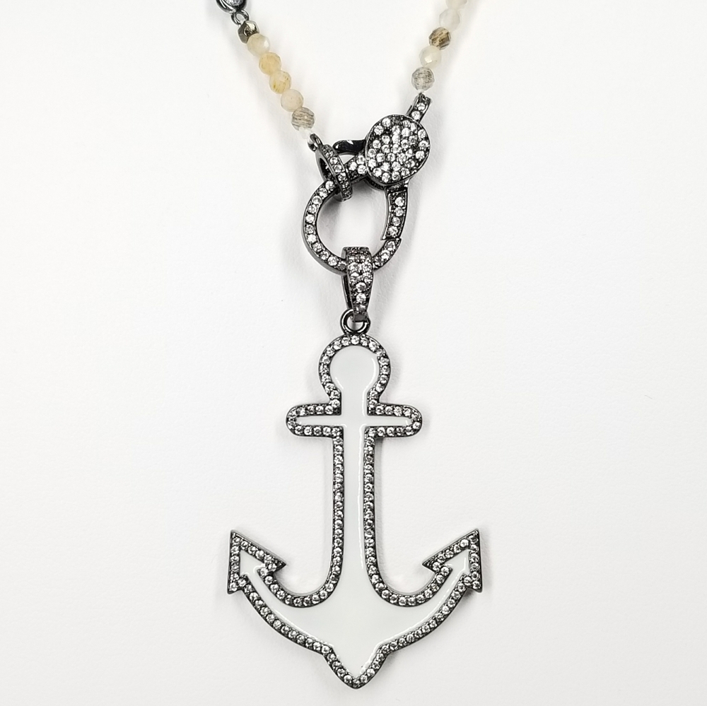 NEW White Enamel Anchor Charm Pave CZ Necklace NWT - Picture 8 of 8
